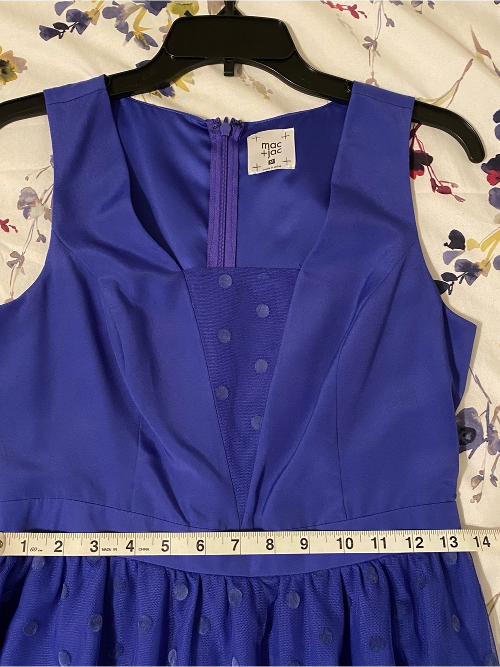 Blue dressy sleeveless dress with polka dot overlay and inner lining on bottom. - Picture 4 of 5
